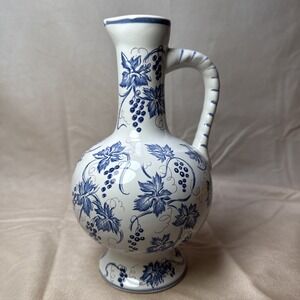 Ulmer Keramik West Germany Handled Jug Pitcher Blue & White Grapevine leaves VTG